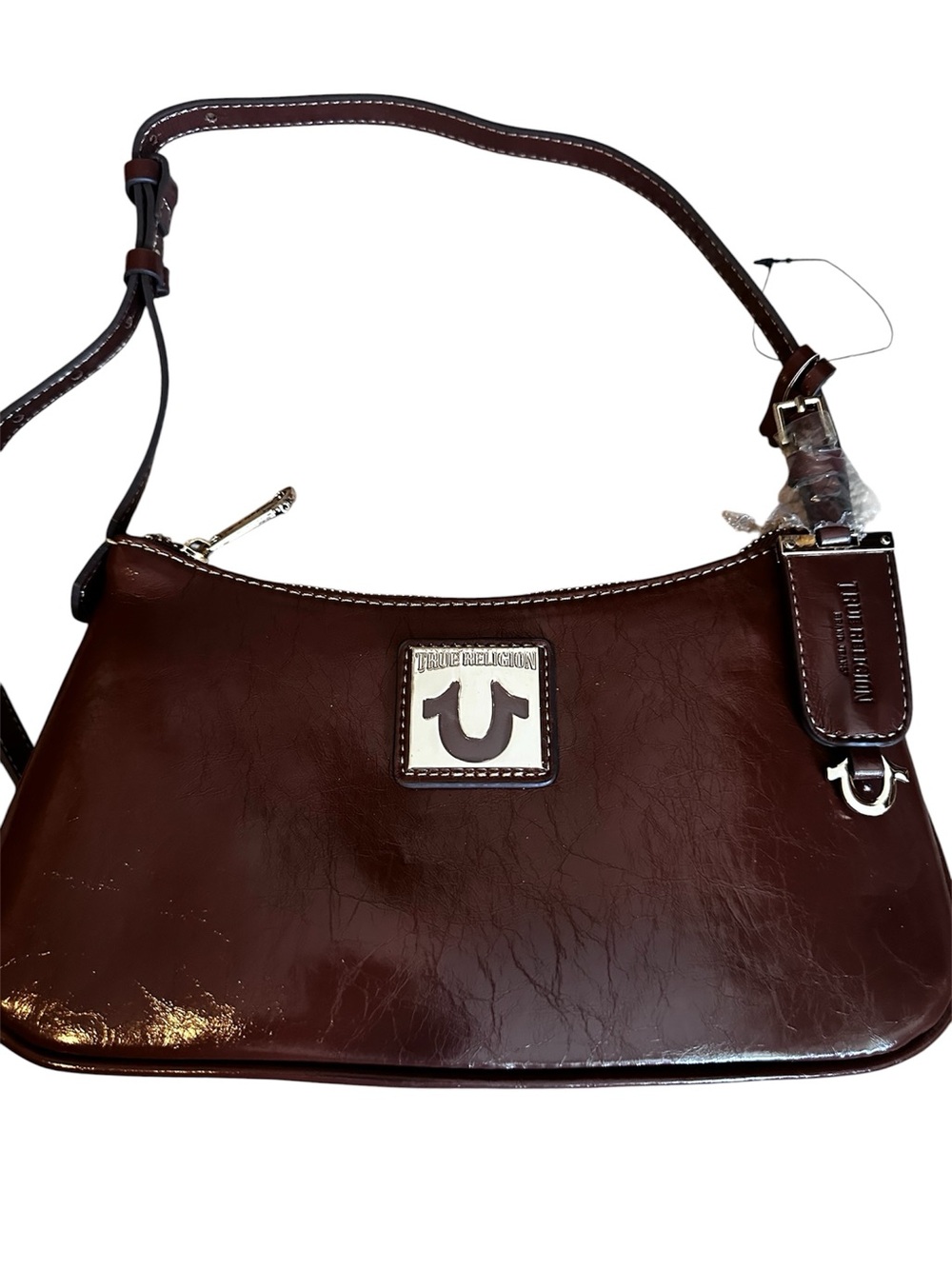 True Religion Brown Patent Leather Shoulder Bag with Logo Patch NWOT